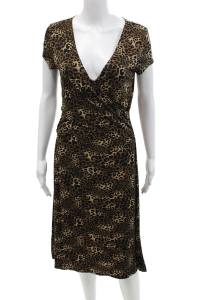 BCBGMAXAZRIA Womens Short Sleeve V Neck Leopard Knit Dress Brown Size Medium