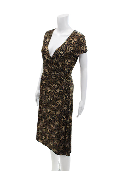 BCBGMAXAZRIA Womens Short Sleeve V Neck Leopard Knit Dress Brown Size Medium