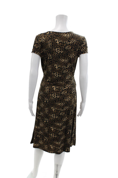 BCBGMAXAZRIA Womens Short Sleeve V Neck Leopard Knit Dress Brown Size Medium