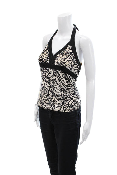 BCBGMAXAZRIA Womens Open Back Halter V Neck Knit Printed Top White Black Medium