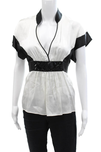 BCBGMAXAZRIA Womens Short Sleeve V Neck Embellished Silk Top White Black Small