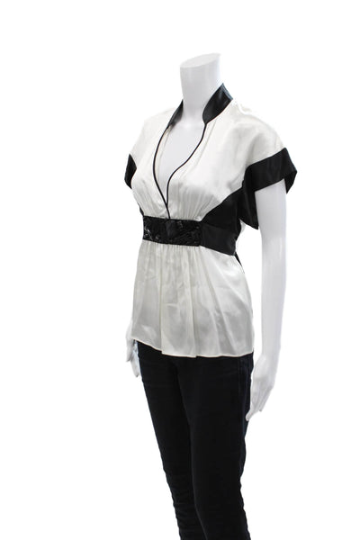 BCBGMAXAZRIA Womens Short Sleeve V Neck Embellished Silk Top White Black Small