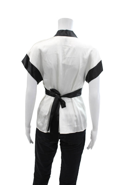 BCBGMAXAZRIA Womens Short Sleeve V Neck Embellished Silk Top White Black Small