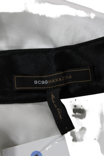 BCBGMAXAZRIA Womens Short Sleeve V Neck Embellished Silk Top White Black Small