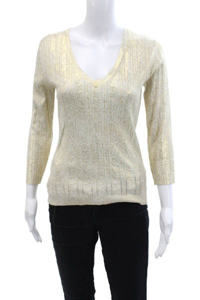 BCBGMAXAZRIA Womens Long Sleeve V Neck Metallic Knit Top White Gold Size Medium