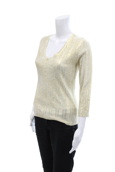 BCBGMAXAZRIA Womens Long Sleeve V Neck Metallic Knit Top White Gold Size Medium