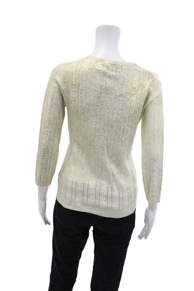 BCBGMAXAZRIA Womens Long Sleeve V Neck Metallic Knit Top White Gold Size Medium