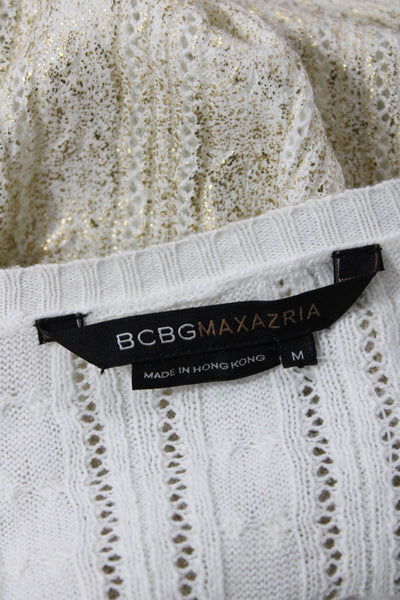 BCBGMAXAZRIA Womens Long Sleeve V Neck Metallic Knit Top White Gold Size Medium