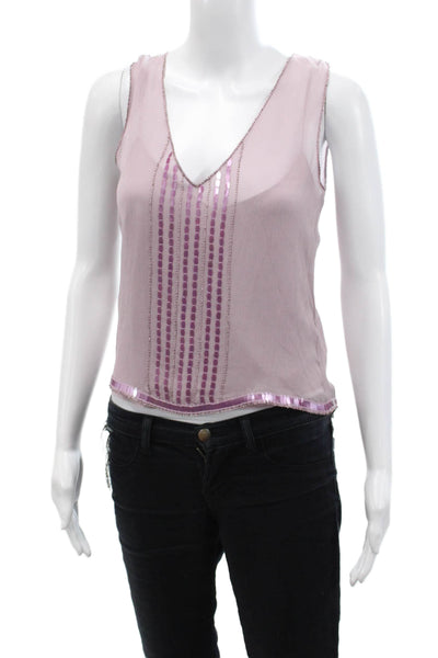DKNY Womens Sleeveless V Neck Chiffon Silk Beaded Top Purple Size 4
