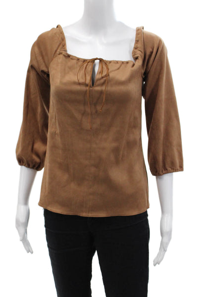 BCBGMAXAZRIA Womens Long Sleeve Halter V Neck Faux Suede Top Brown Size XS