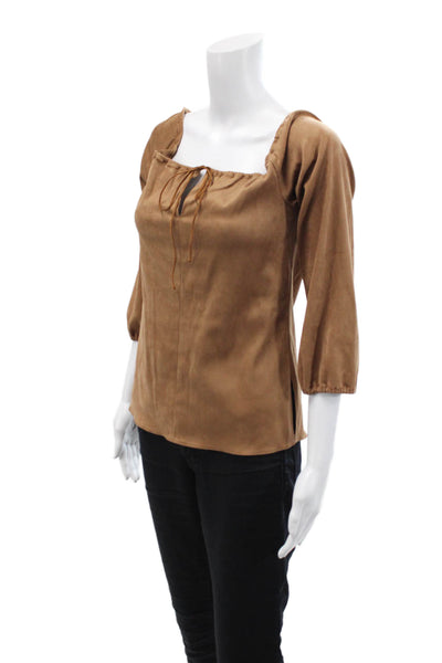 BCBGMAXAZRIA Womens Long Sleeve Halter V Neck Faux Suede Top Brown Size XS