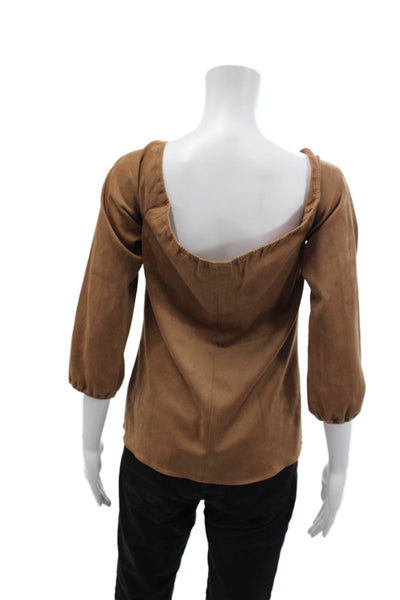 BCBGMAXAZRIA Womens Long Sleeve Halter V Neck Faux Suede Top Brown Size XS