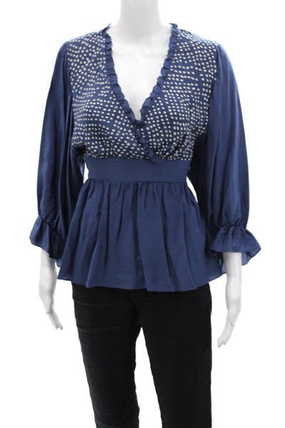 BCBGMAXAZRIA Womens 3/4 Sleeve V Neck Geometric Silk Top Blue White Size Small