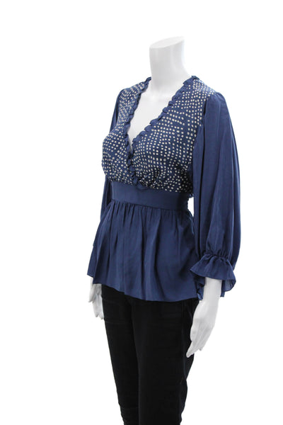 BCBGMAXAZRIA Womens 3/4 Sleeve V Neck Geometric Silk Top Blue White Size Small