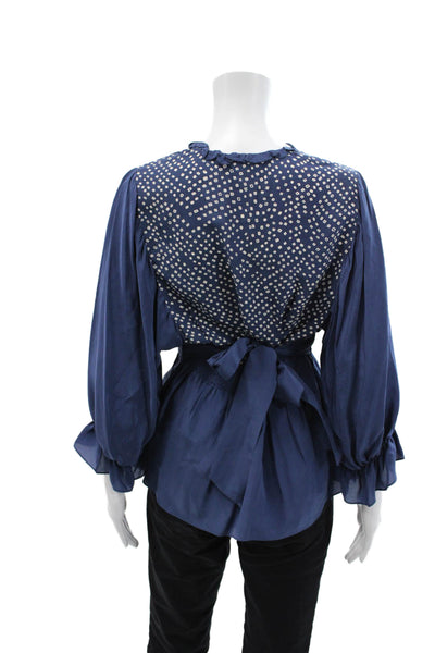 BCBGMAXAZRIA Womens 3/4 Sleeve V Neck Geometric Silk Top Blue White Size Small
