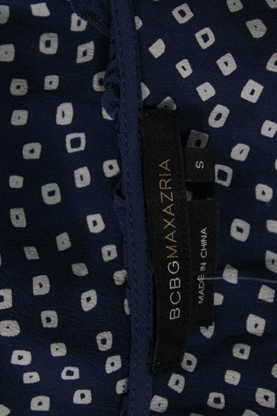 BCBGMAXAZRIA Womens 3/4 Sleeve V Neck Geometric Silk Top Blue White Size Small