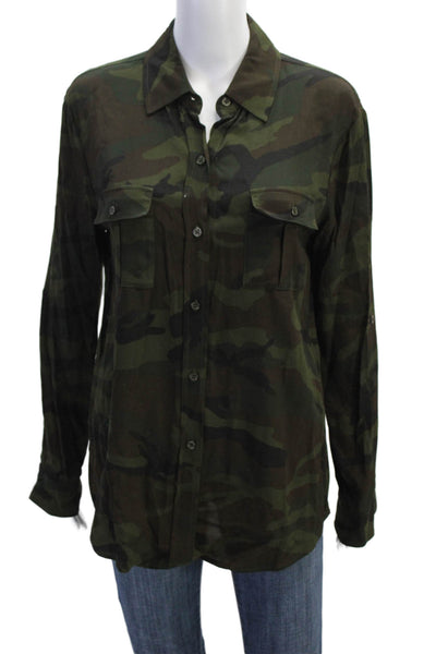 Le Superbe Womens Camouflage Print Collared Button Down Blouse Green Size 4