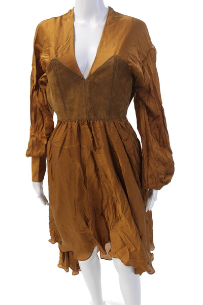 Ronny Kobo Women's Long Sleeves Suede  Asymmetrical Hem Midi Dress Rust Size 0
