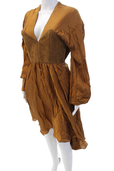 Ronny Kobo Women's Long Sleeves Suede  Asymmetrical Hem Midi Dress Rust Size 0