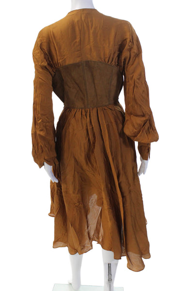 Ronny Kobo Women's Long Sleeves Suede  Asymmetrical Hem Midi Dress Rust Size 0