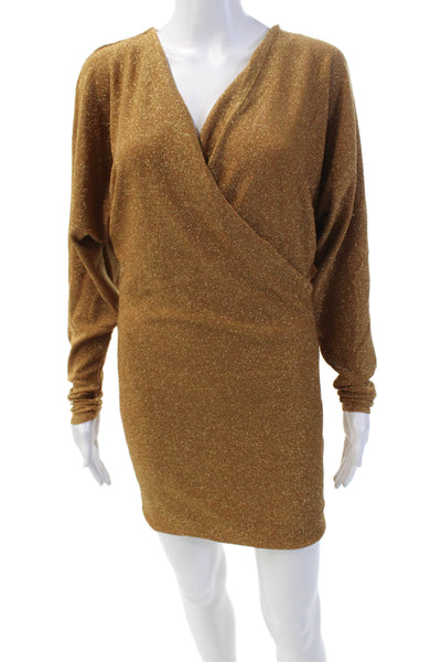 Ronny Kobo Women's V-Neck Long Sleeves Sparkle Wrap Mini Dress Brown Size S