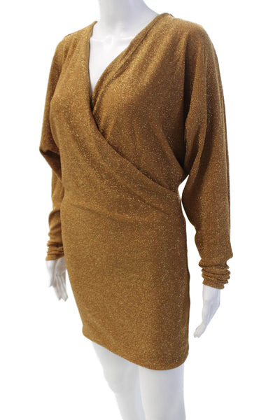 Ronny Kobo Women's V-Neck Long Sleeves Sparkle Wrap Mini Dress Brown Size S