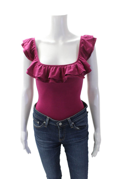 Lovers + Friends Womens Sleeveless Ruffled Scoop Neck Bodysuit Magenta Size 2XS