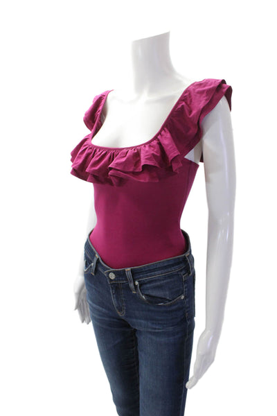 Lovers + Friends Womens Sleeveless Ruffled Scoop Neck Bodysuit Magenta Size 2XS