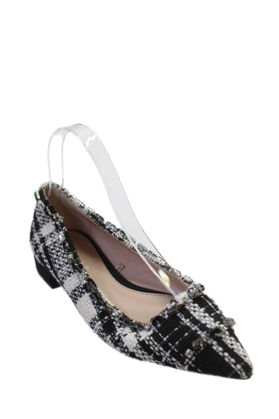 Zara Woman Womens Tweed Print Embellished Pointed Toe Flats Black Size 6.5