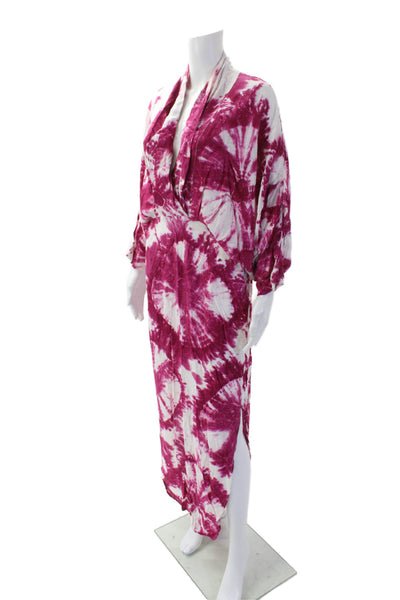 SWF Womens Tie Dye Print Short Sleeve V-Neck Split Hem Maxi Dress Pink Size M