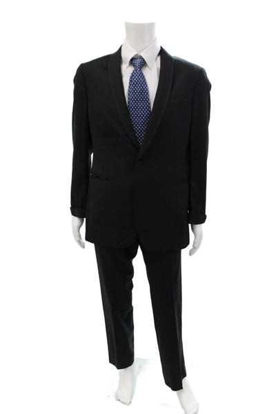 John Varvatos Mens Wool Collared Long Sleeve Button Up Pant Suit Black Size 50R