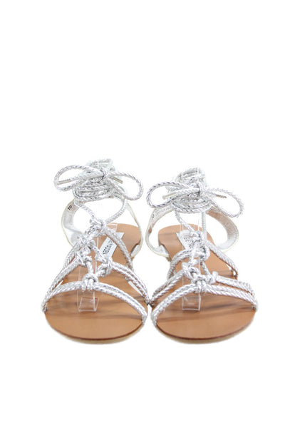 Steve Madden Womens Metallic Braided Strap Calf Tie Sandals Silver Size 10