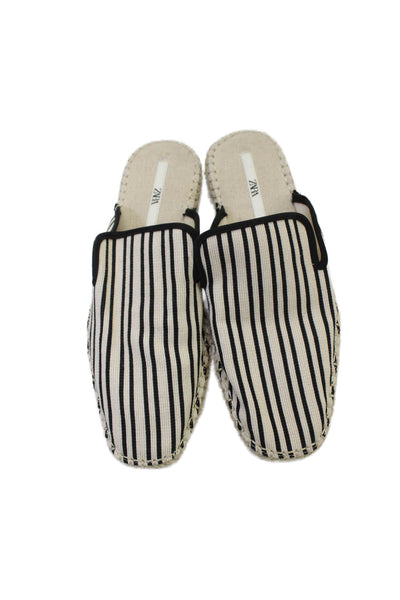 Zara Womens Striped Round Toe Slip-On Flat Mule Sandals Cream Size 10