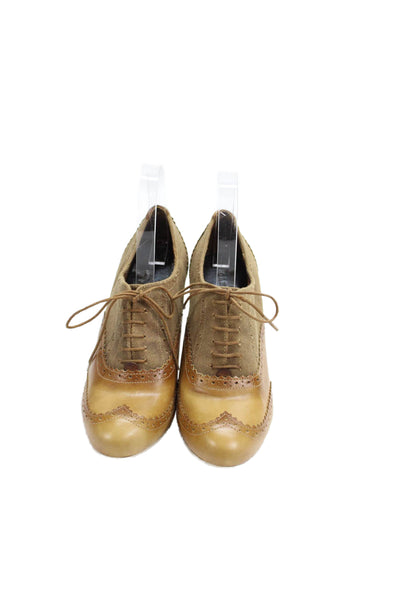 Cole Haan Womens Lace Up Round Toe Leather Cone Heels Workwear Shoes Beige Size