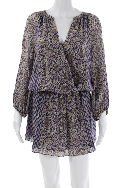 Joie Womens 3/4 Sleeve V Neck Abstract Silk Mini Dress Purple White Size Small