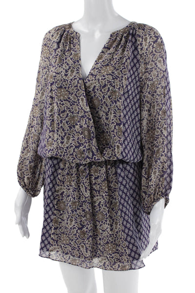 Joie Womens 3/4 Sleeve V Neck Abstract Silk Mini Dress Purple White Size Small