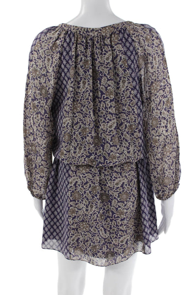 Joie Womens 3/4 Sleeve V Neck Abstract Silk Mini Dress Purple White Size Small