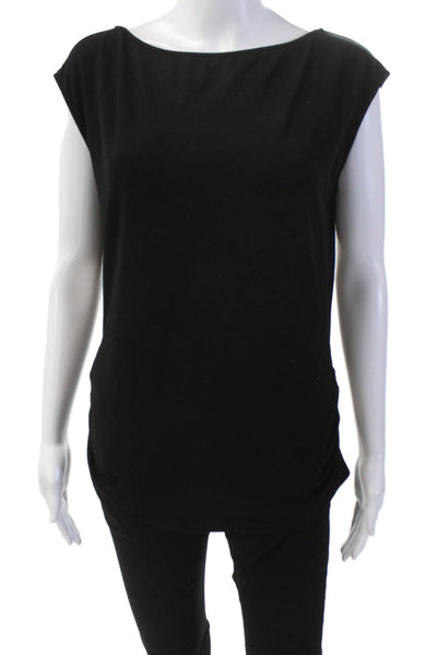Designer Womens Round Neck Sleeveless Rouched Side Blouse Black Size S