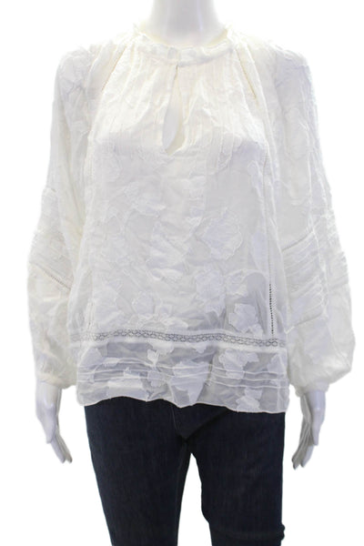 Joie Women's Ruffle Round Neck Lace Trim Short Sleeves Blouse White Size M