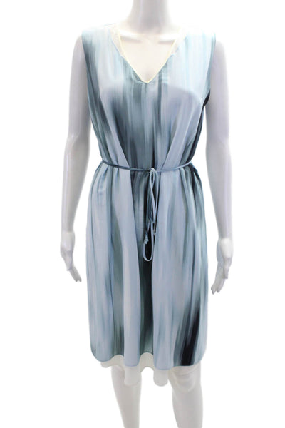 T Tahari Womens Sleeveless V Neck Abstract Belted Dress Blue White Size Small