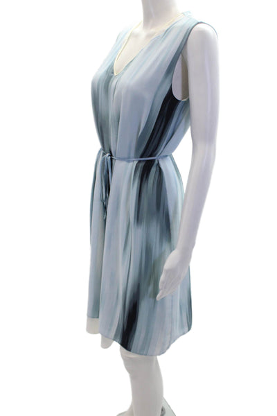 T Tahari Womens Sleeveless V Neck Abstract Belted Dress Blue White Size Small