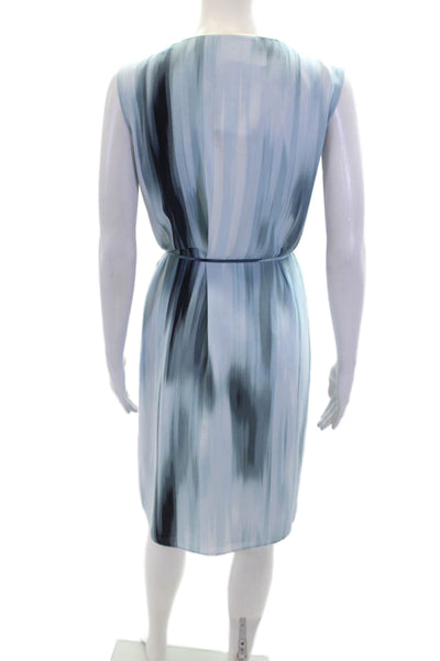 T Tahari Womens Sleeveless V Neck Abstract Belted Dress Blue White Size Small