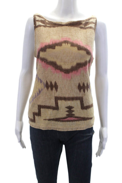 LRL Lauren Jeans Womens Sleeveless Boat Neck Ikat Knit Top Brown Linen Size XS