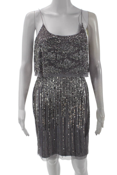 Aidan Mattox Women's Scoop Neck Spaghetti Straps Sequin Mini Dress Gray Size 2