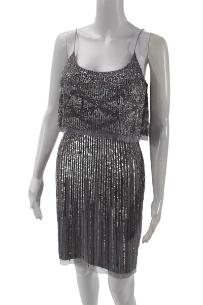 Aidan Mattox Women's Scoop Neck Spaghetti Straps Sequin Mini Dress Gray Size 2