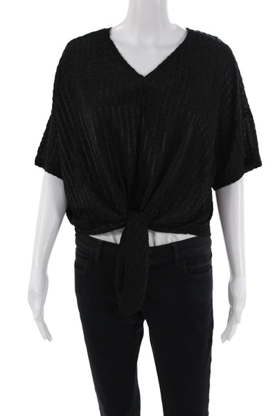 Zara Trafaluc Womens Short Sleeve Tie Front Oversized V Neck Top Black Small