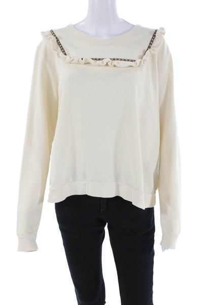 The Great Womens Long Sleeve Scoop Neck Ruffled Sweatshirt White Cotton Size 2