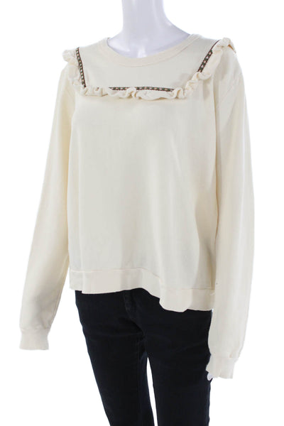 The Great Womens Long Sleeve Scoop Neck Ruffled Sweatshirt White Cotton Size 2
