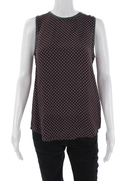 Theory Womens Back Zip Sleeveless Silk Geometric Top Navy Red White Size Petite