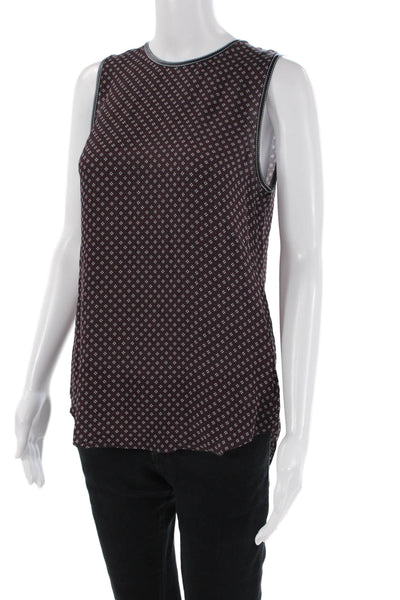 Theory Womens Back Zip Sleeveless Silk Geometric Top Navy Red White Size Petite